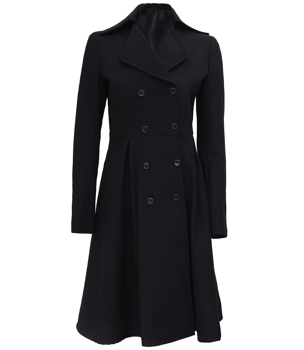 Women's Black Double Breasted Long Wool Trench Coat