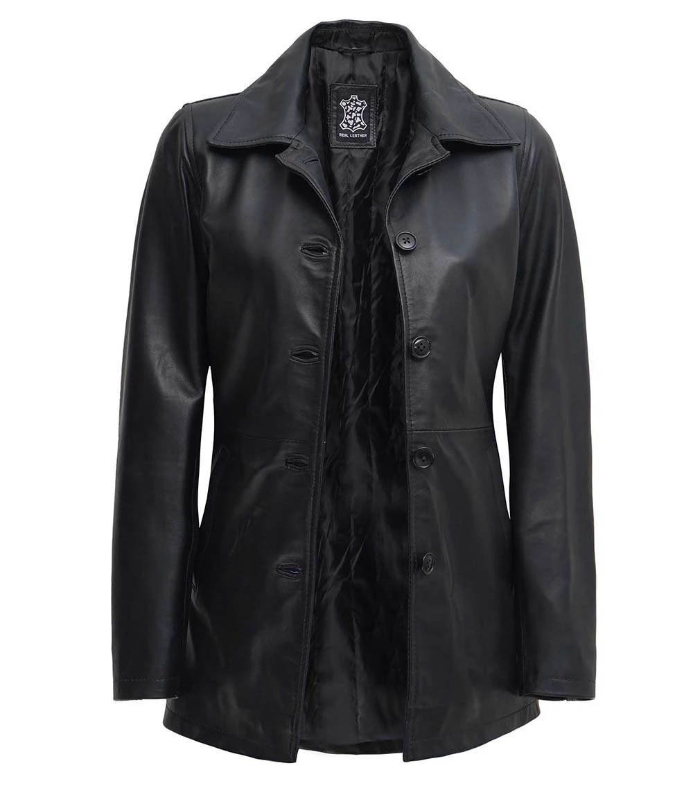 Women's Black Leather 3 4 Length Car Coat