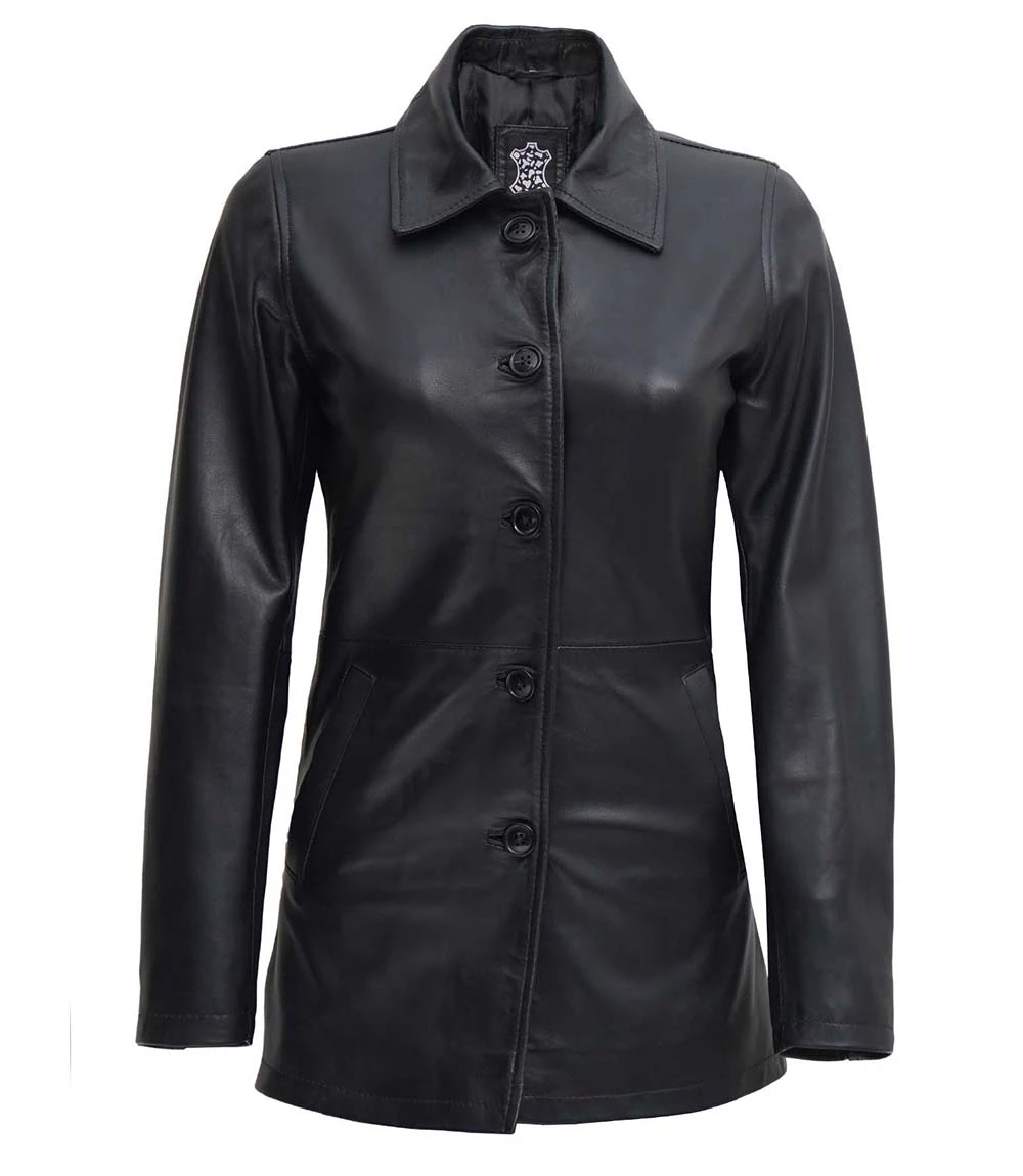 Women's Black Leather 3 4 Length Car Coat