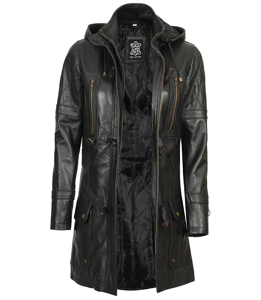 Women's Black Slim Fit 3 4 Length Leather Coat with Hood