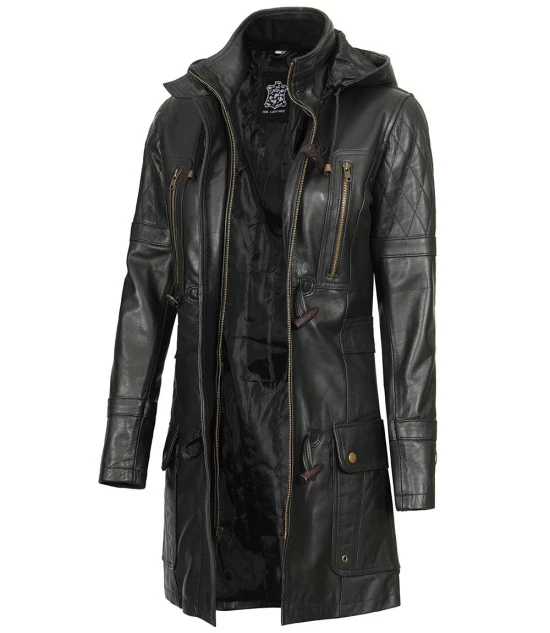 Women's Black Slim Fit 3 4 Length Leather Coat with Hood