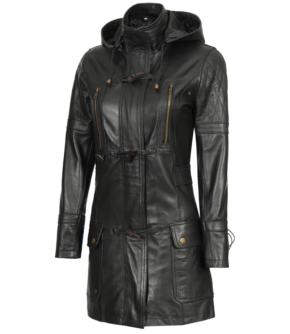 Women's Black Slim Fit 3 4 Length Leather Coat with Hood