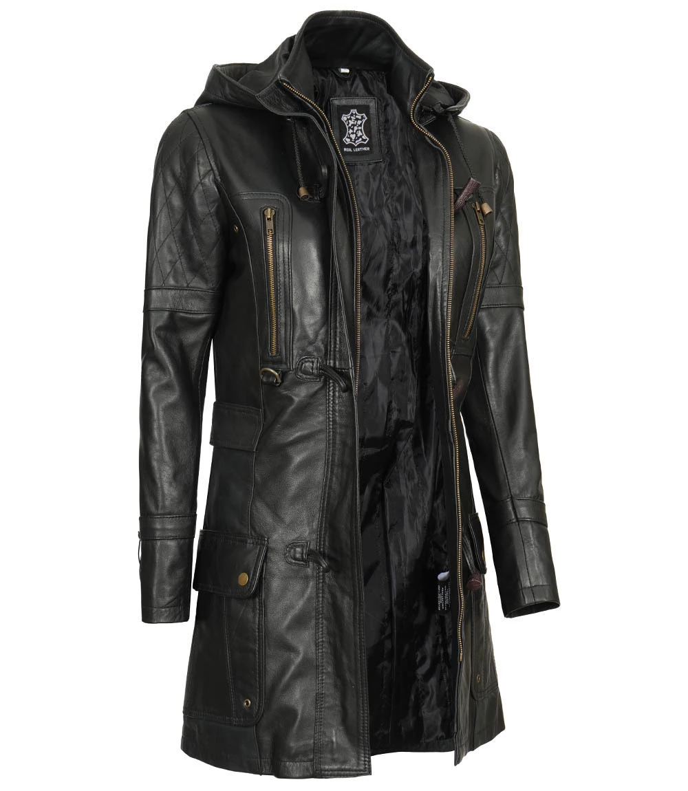 Women's Black Slim Fit 3 4 Length Leather Coat with Hood