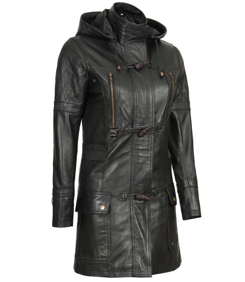 Women's Black Slim Fit 3 4 Length Leather Coat with Hood