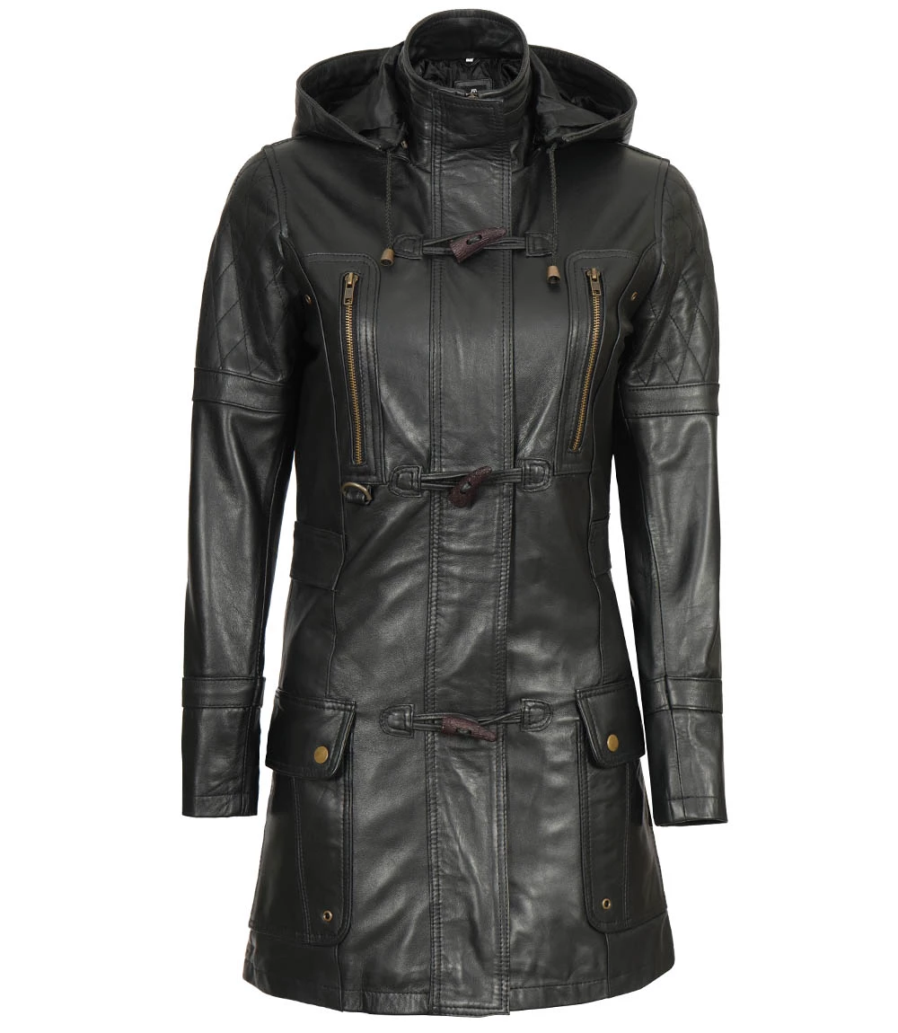 Women's Black Slim Fit 3 4 Length Leather Coat with Hood