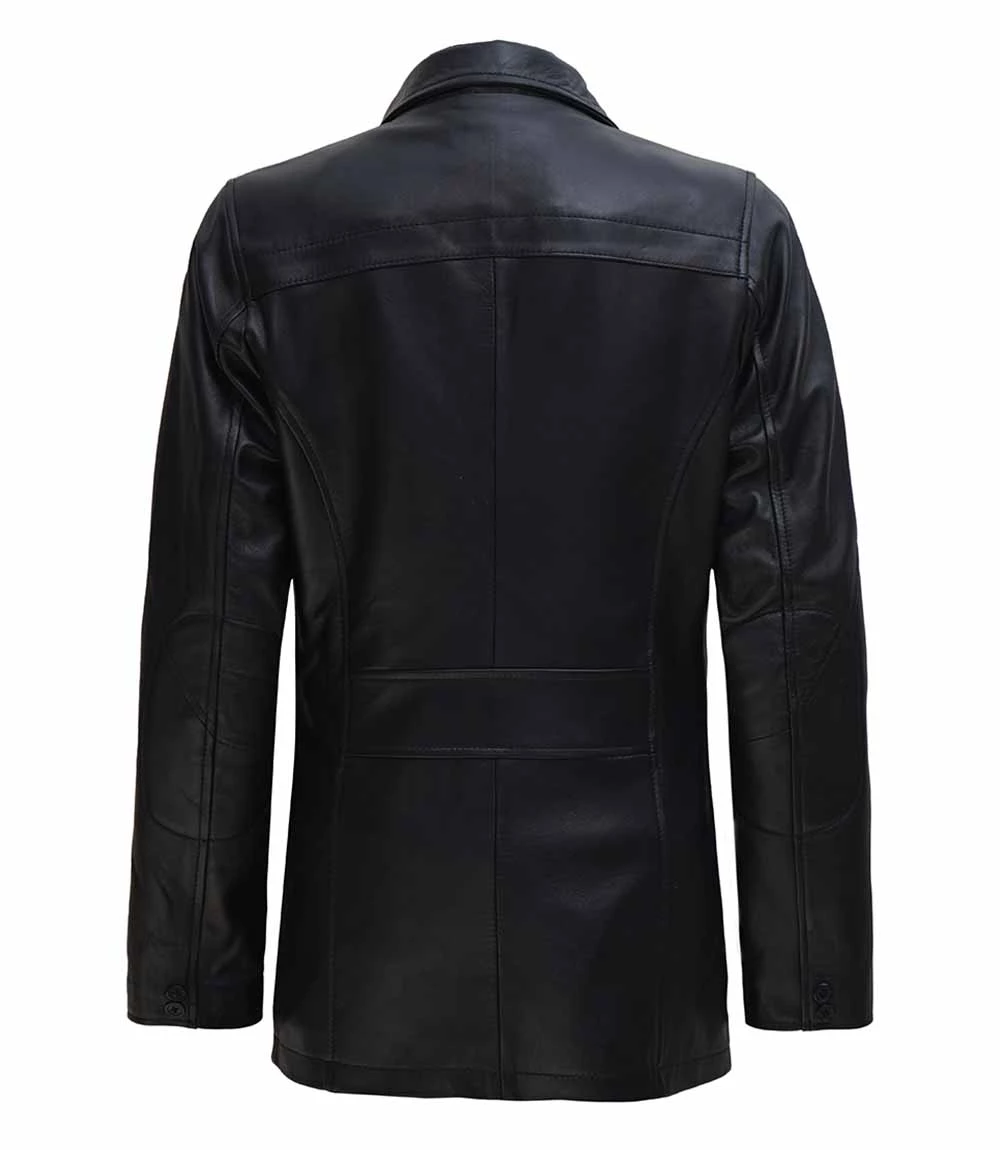 Women's Black Zipper + Button Closure 3 4 Length Leather Car Coat