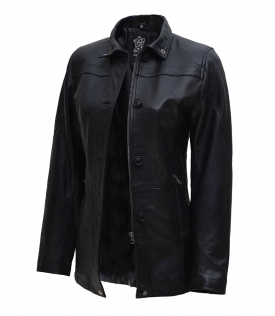 Women's Black Zipper + Button Closure 3 4 Length Leather Car Coat