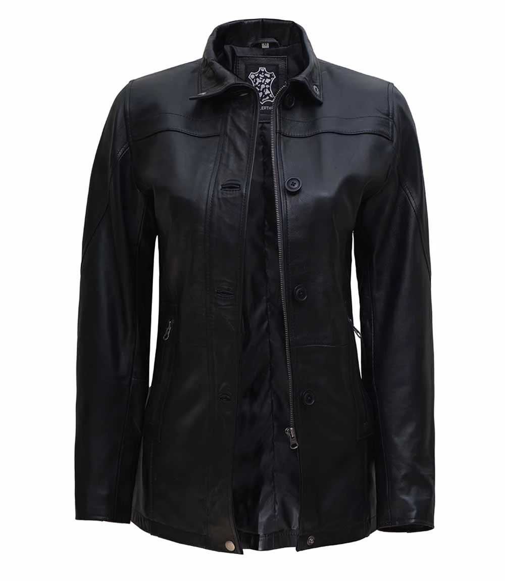 Women's Black Zipper + Button Closure 3 4 Length Leather Car Coat