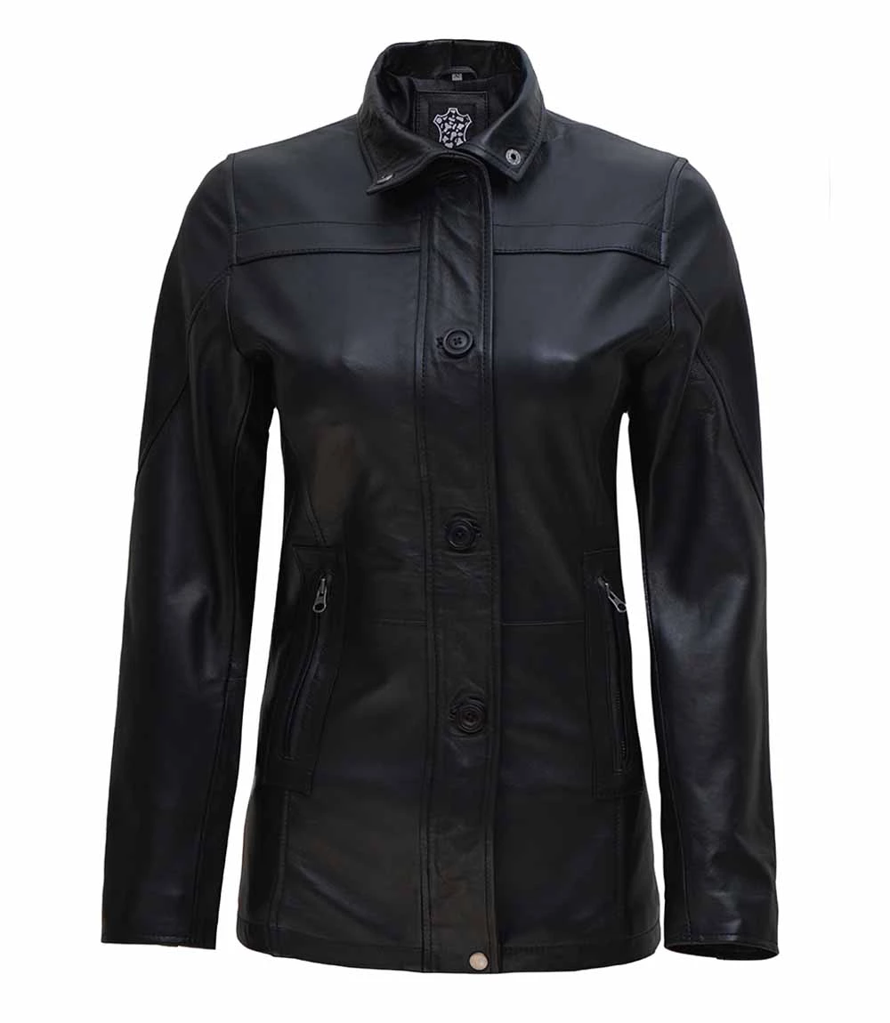 Women's Black Zipper + Button Closure 3 4 Length Leather Car Coat