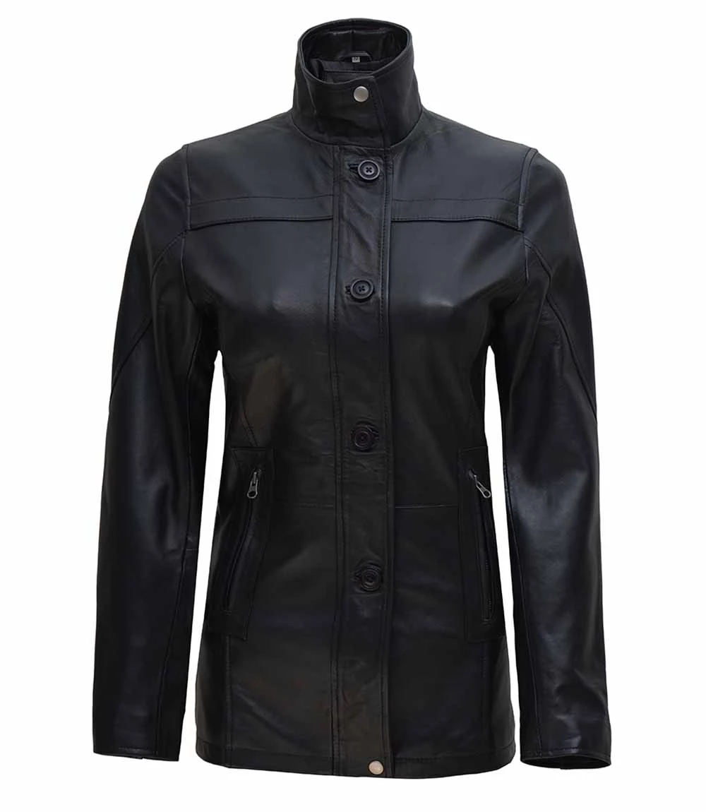 Women's Black Zipper + Button Closure 3 4 Length Leather Car Coat