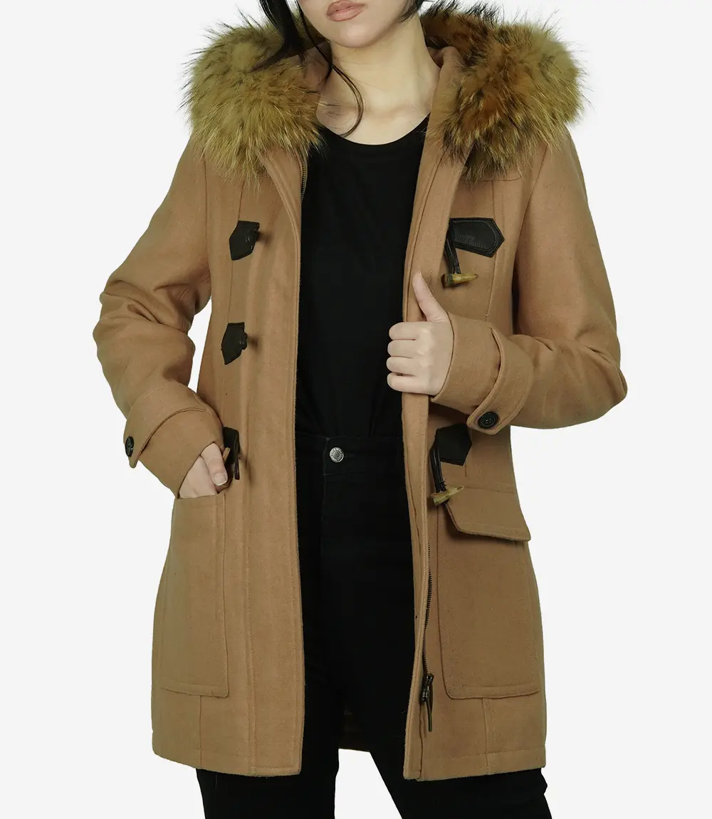 Women's Camel Brown Hooded Shearling Wool Coat