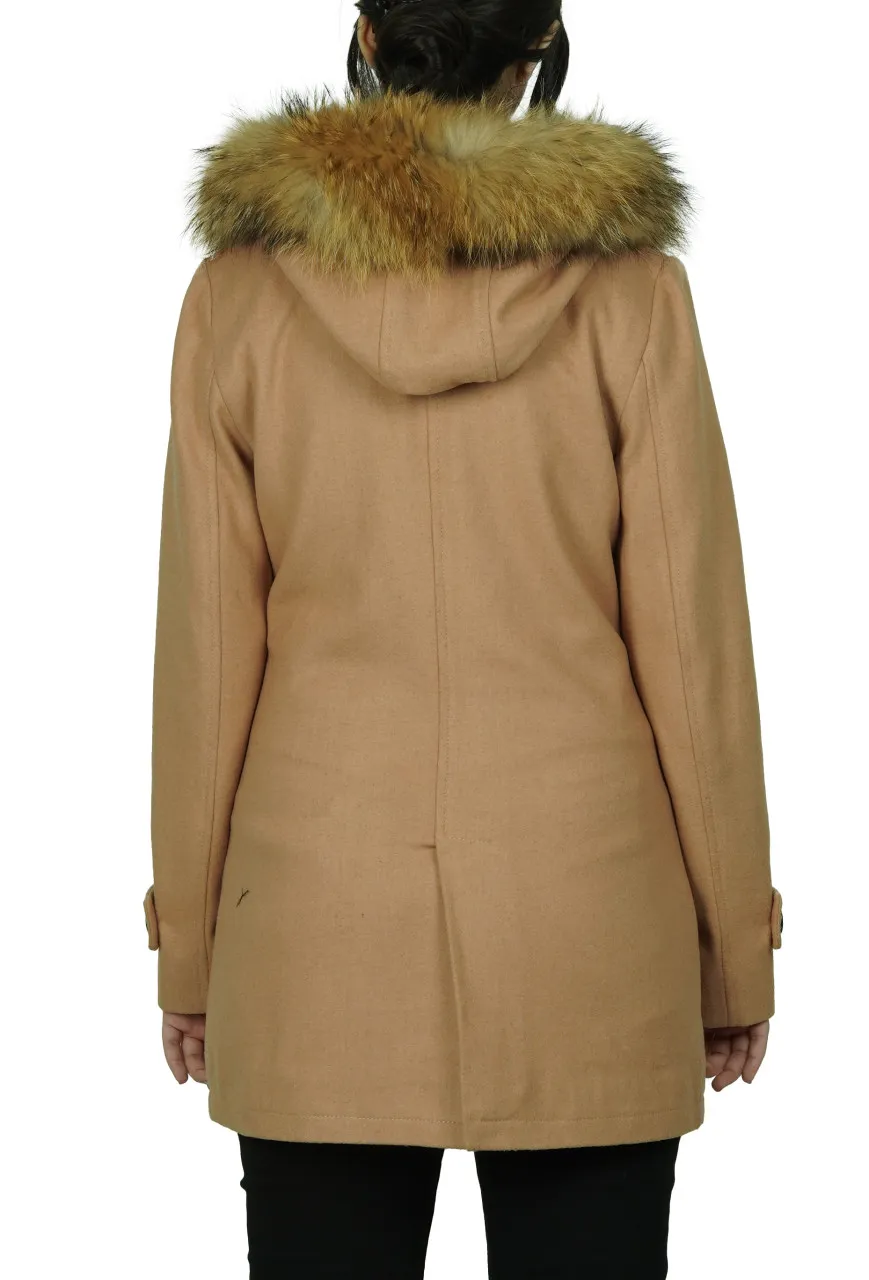 Women's Camel Brown Hooded Shearling Wool Coat