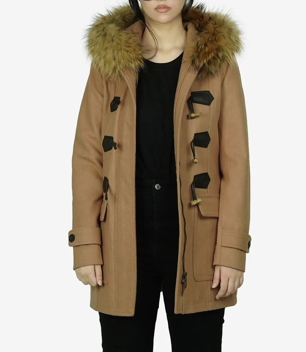 Women's Camel Brown Hooded Shearling Wool Coat