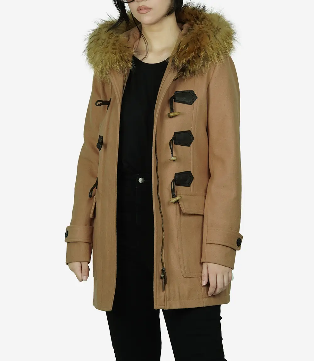 Women's Camel Brown Hooded Shearling Wool Coat