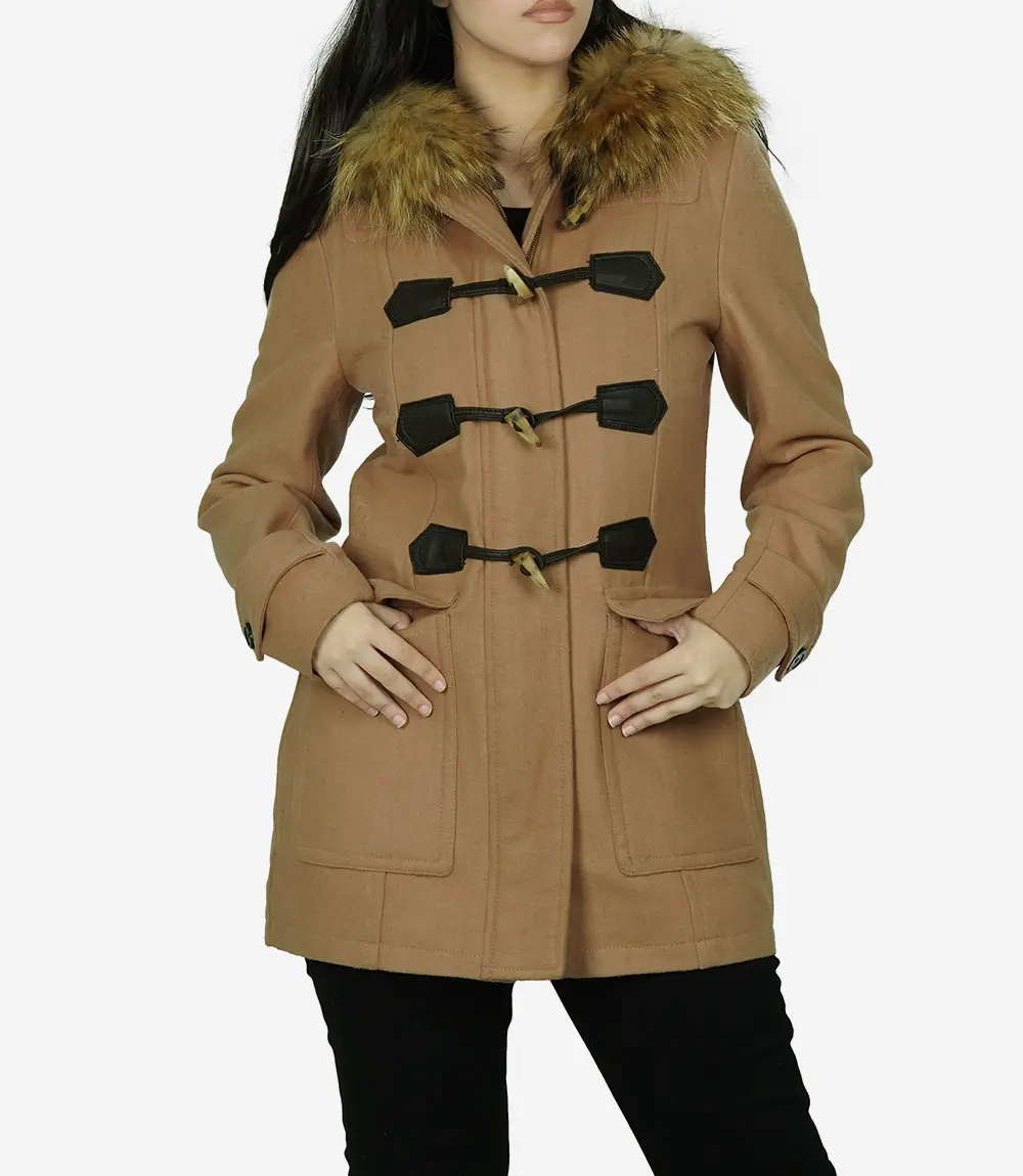 Women's Camel Brown Hooded Shearling Wool Coat