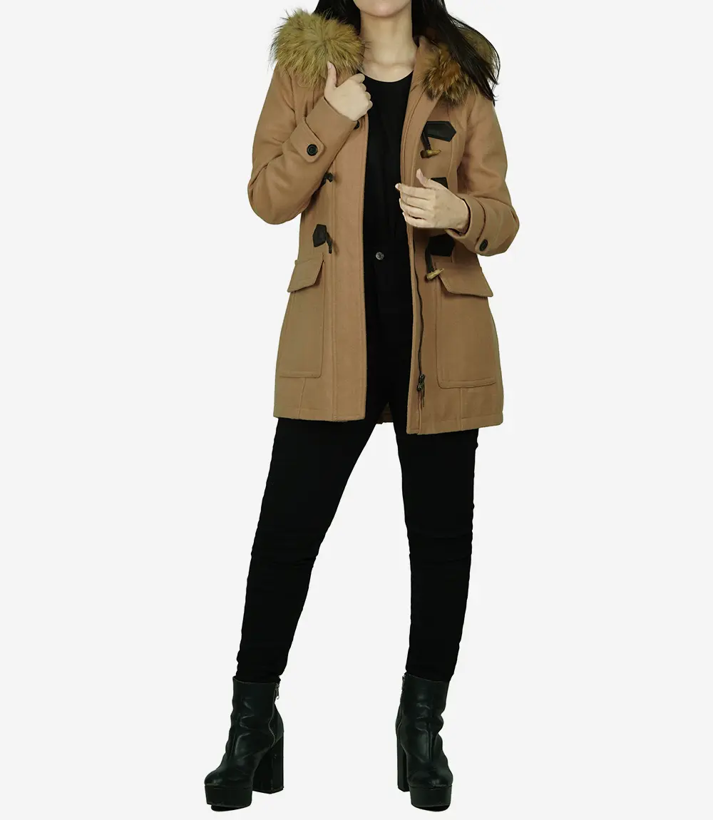 Women's Camel Brown Hooded Shearling Wool Coat