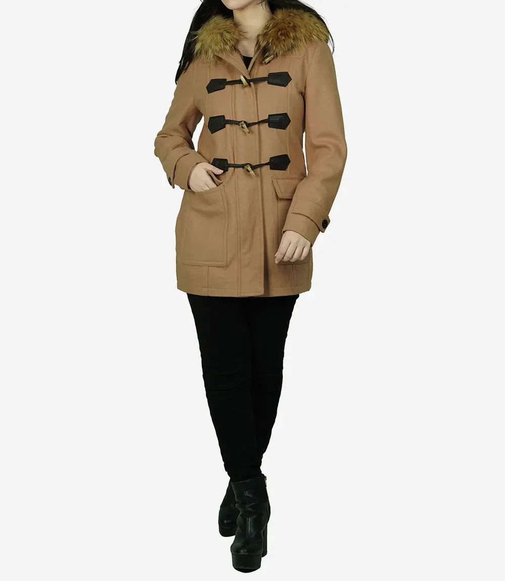 Women's Camel Brown Hooded Shearling Wool Coat