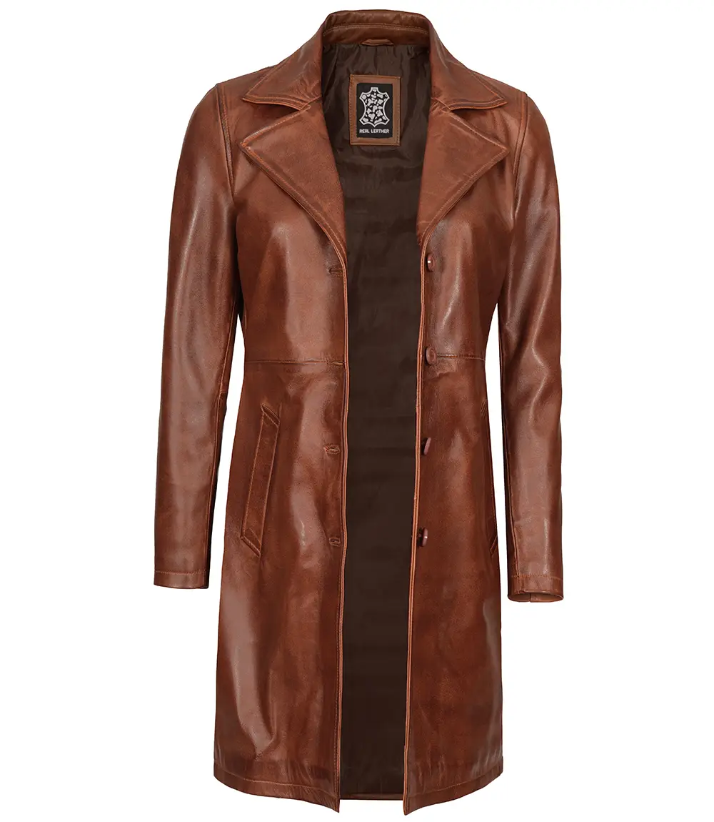 Women's Cognac Brown Real Leather 3/4 Length Coat