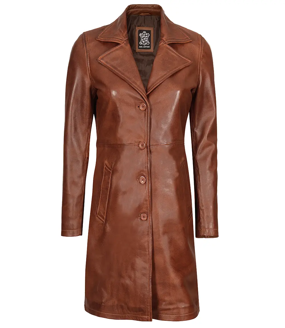 Women's Cognac Brown Real Leather 3/4 Length Coat