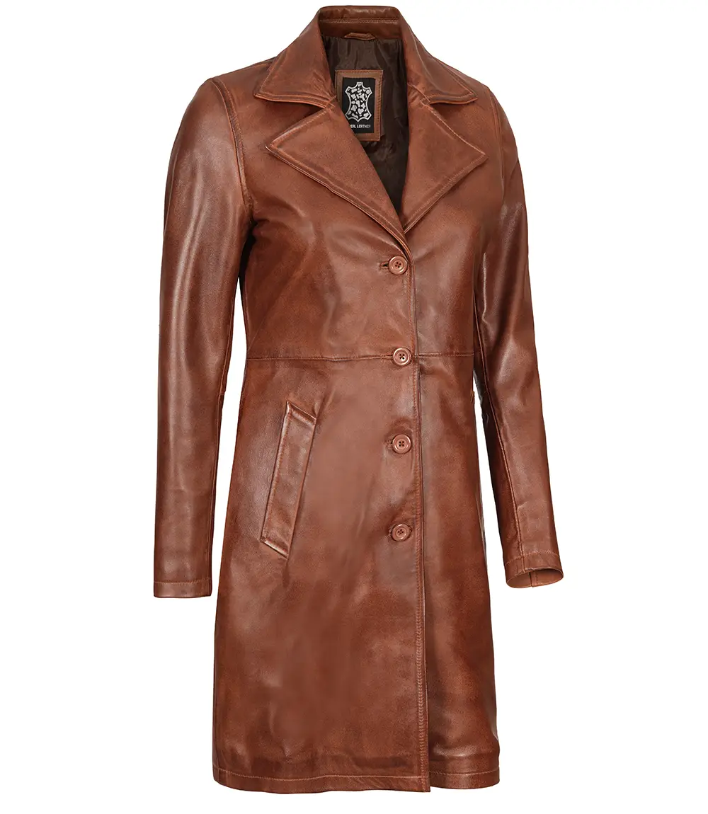 Women's Cognac Brown Real Leather 3/4 Length Coat