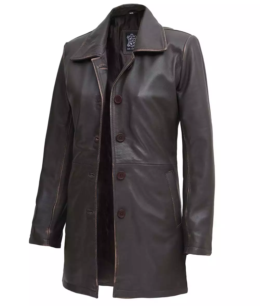 Women's Distressed Dark Brown Leather Car Coat