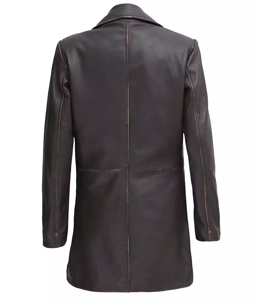 Women's Distressed Dark Brown Leather Car Coat