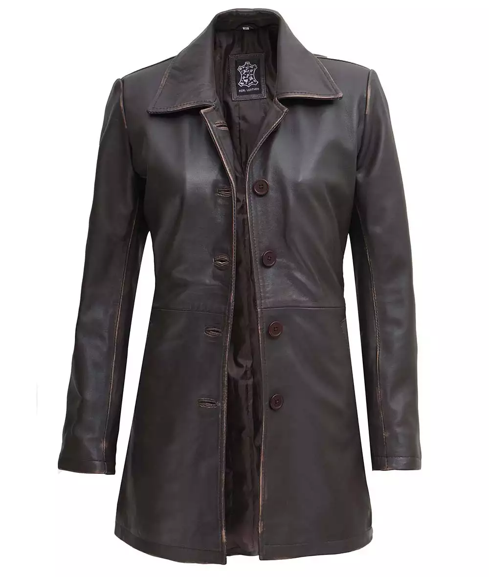 Women's Distressed Dark Brown Leather Car Coat