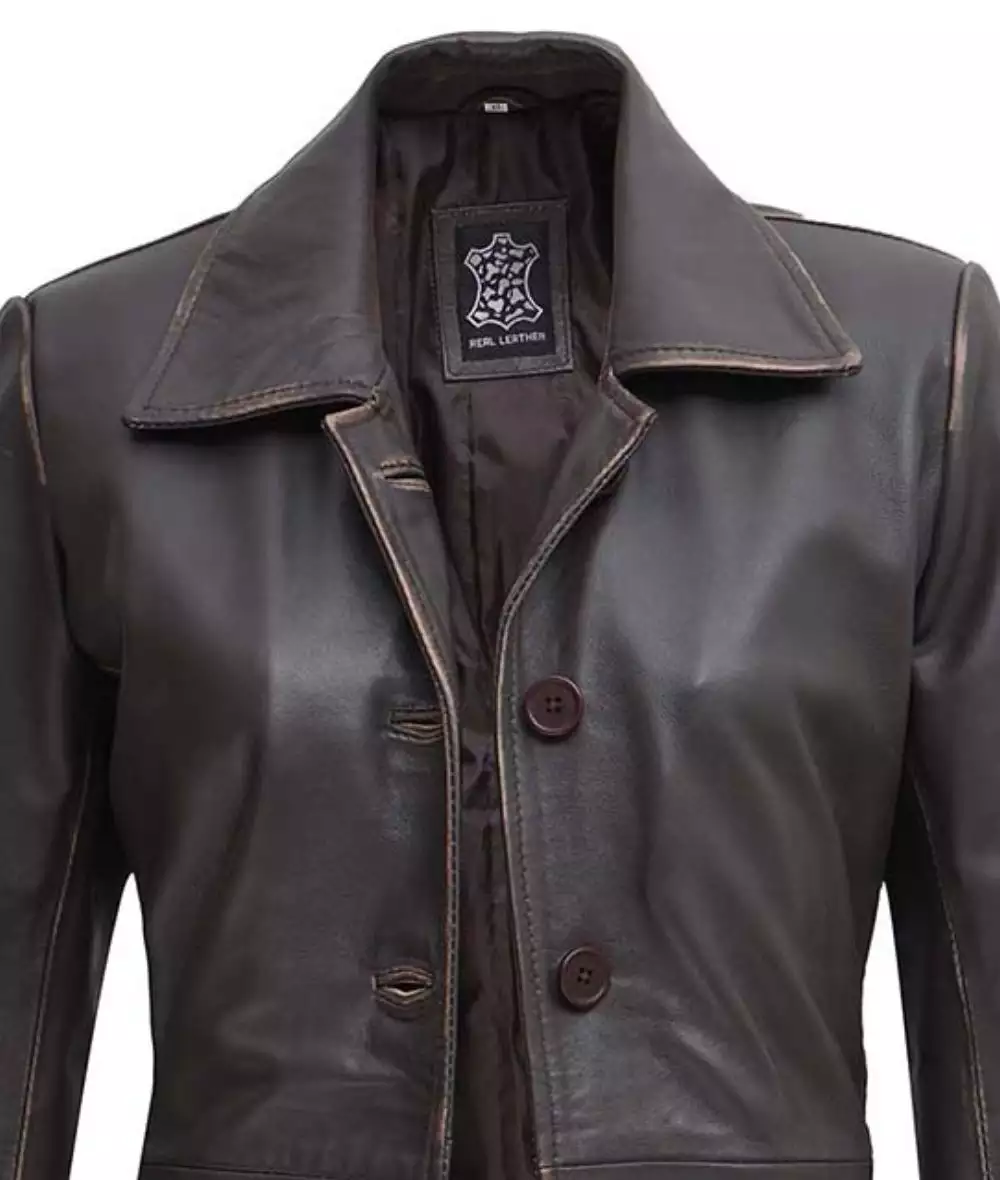 Women's Distressed Dark Brown Leather Car Coat