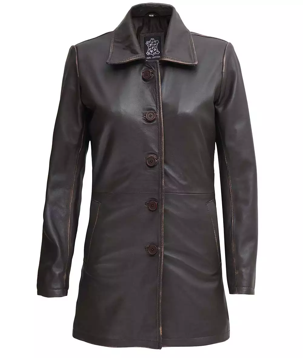 Women's Distressed Dark Brown Leather Car Coat