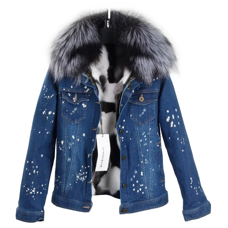 Women's Real Fox Fur Lined Large Raccoon Fur Collar Winter Denim Jacket