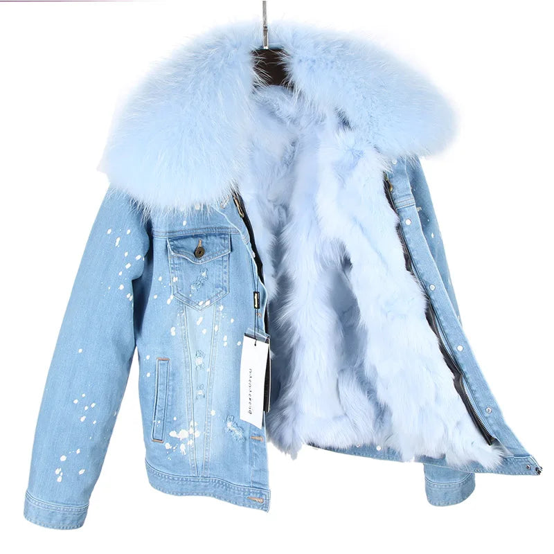 Women's Real Fox Fur Lined Large Raccoon Fur Collar Winter Denim Jacket