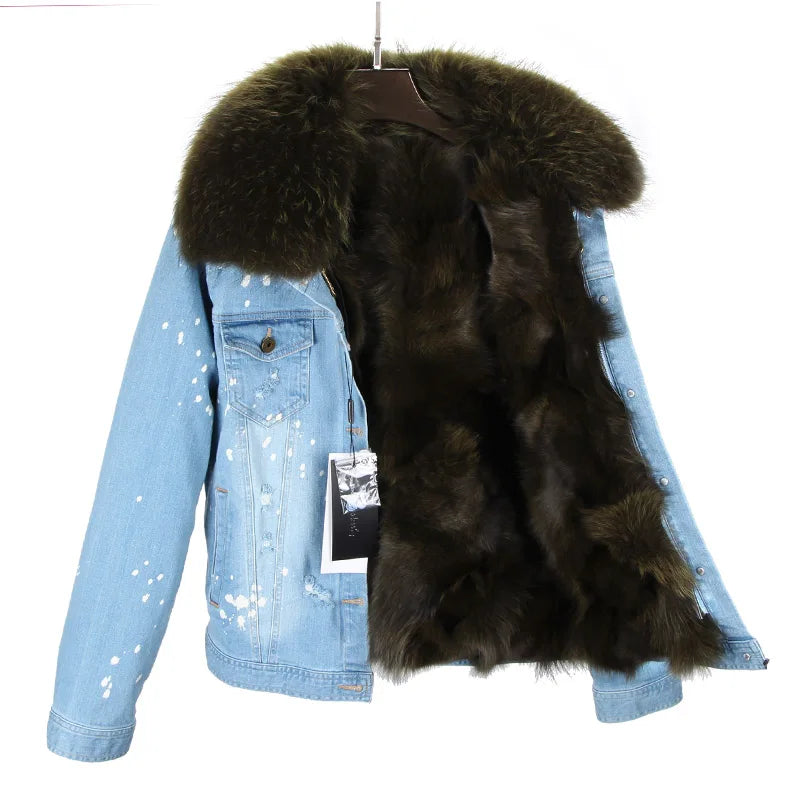 Women's Real Fox Fur Lined Large Raccoon Fur Collar Winter Denim Jacket