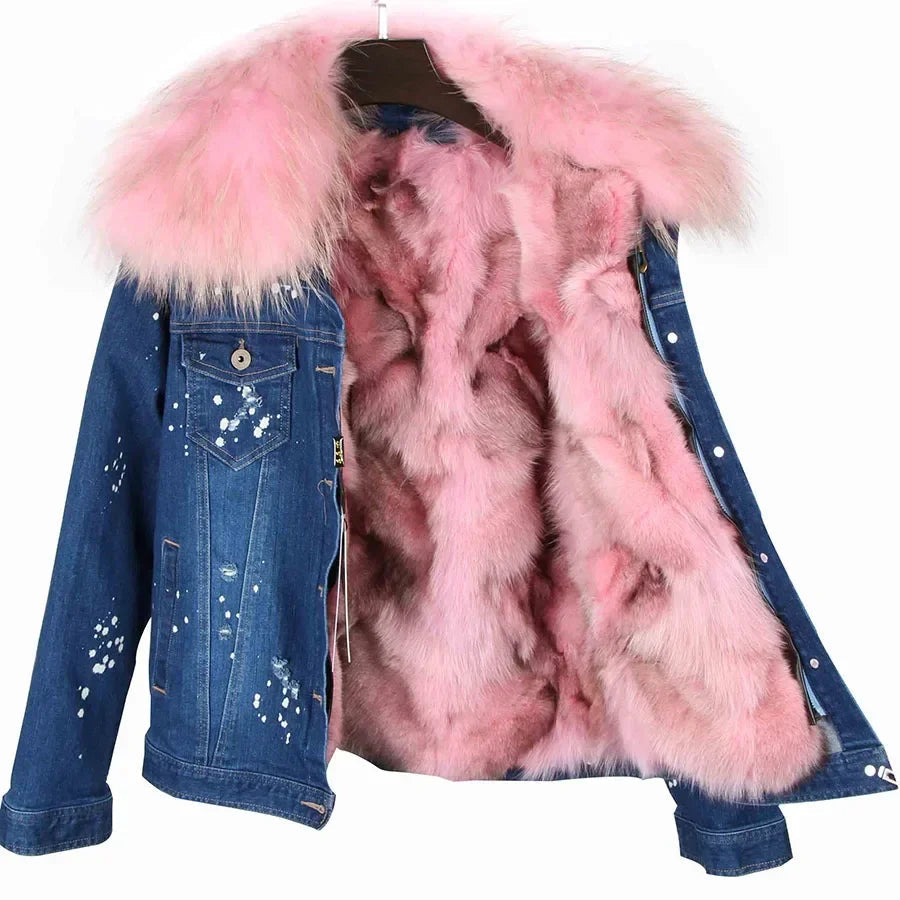 Women's Real Fox Fur Lined Large Raccoon Fur Collar Winter Denim Jacket