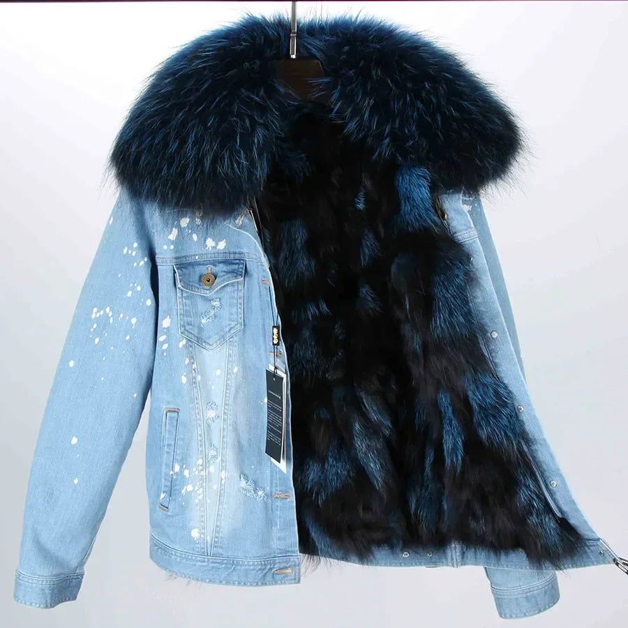 Women's Real Fox Fur Lined Large Raccoon Fur Collar Winter Denim Jacket