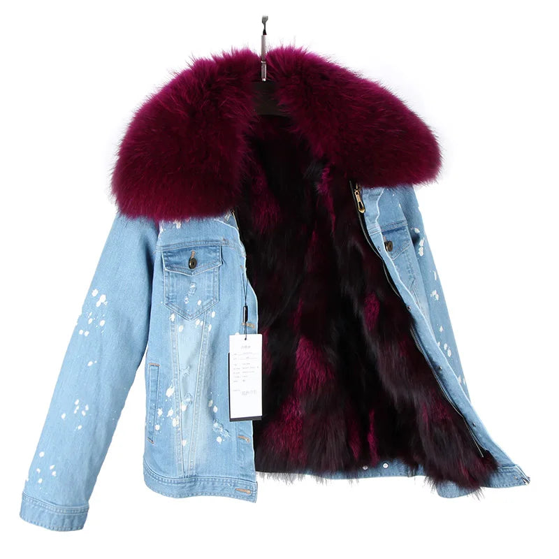 Women's Real Fox Fur Lined Large Raccoon Fur Collar Winter Denim Jacket