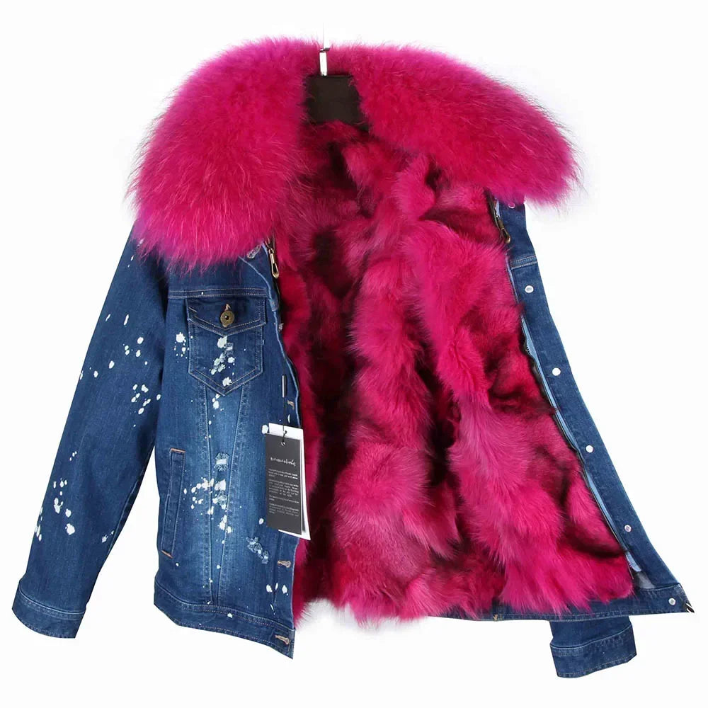 Women's Real Fox Fur Lined Large Raccoon Fur Collar Winter Denim Jacket