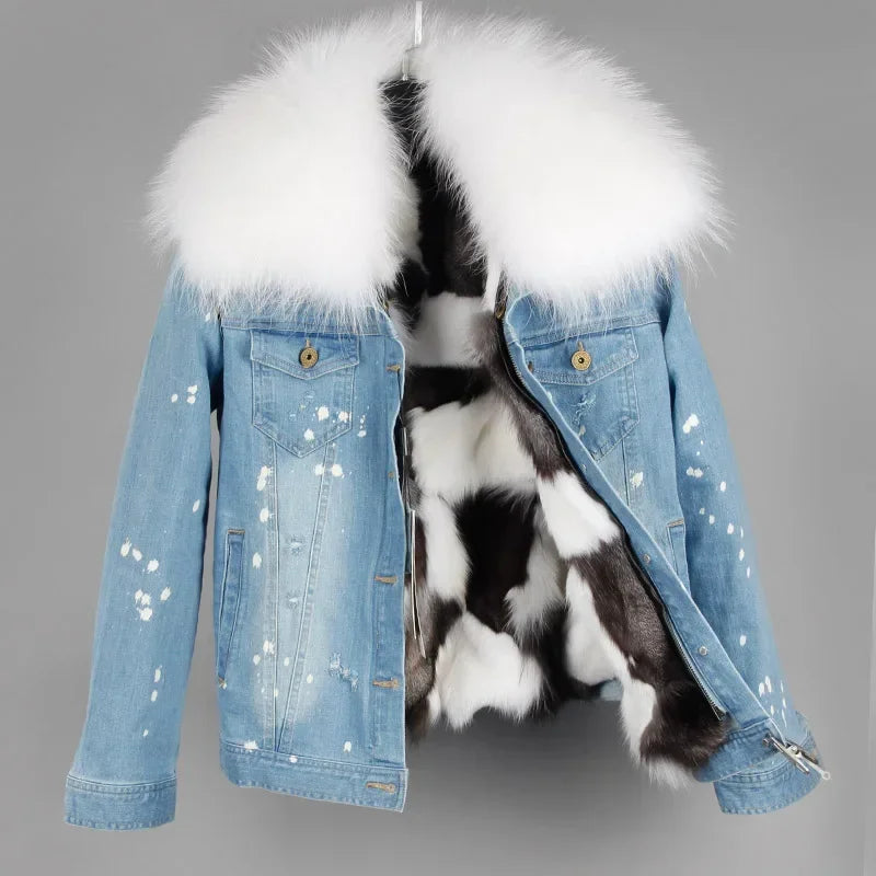 Women's Real Fox Fur Lined Large Raccoon Fur Collar Winter Denim Jacket