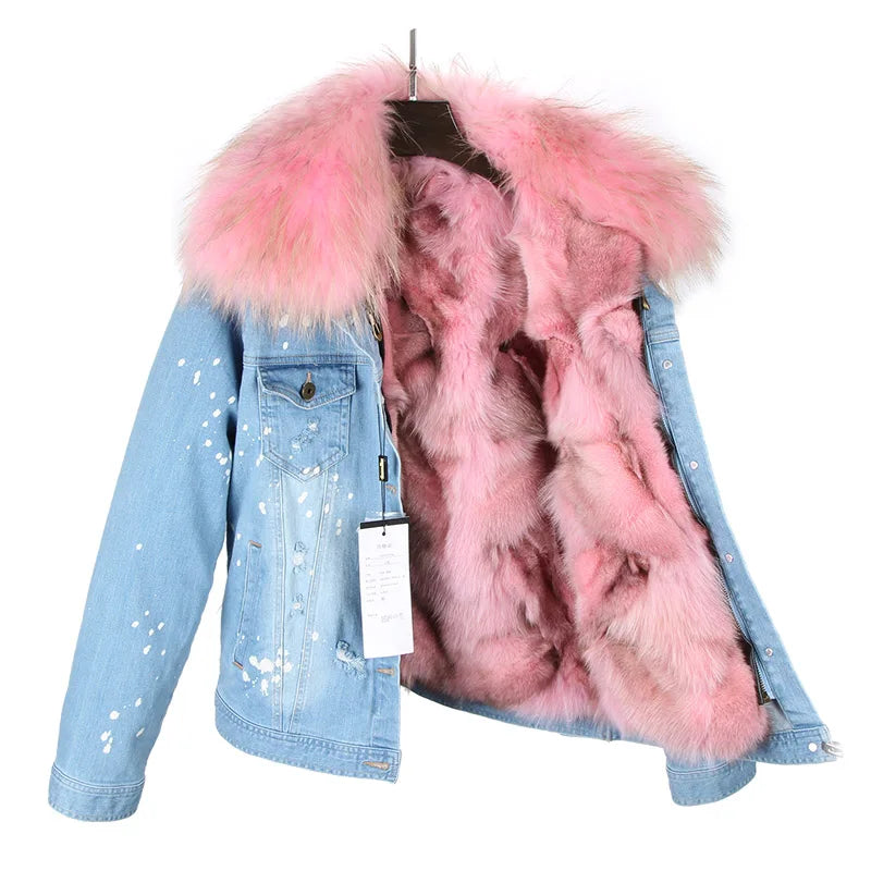 Women's Real Fox Fur Lined Large Raccoon Fur Collar Winter Denim Jacket