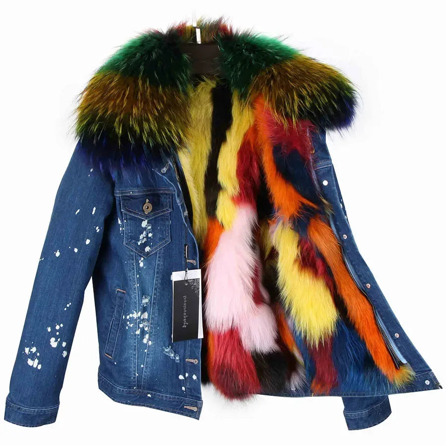 Women's Real Fox Fur Lined Large Raccoon Fur Collar Winter Denim Jacket