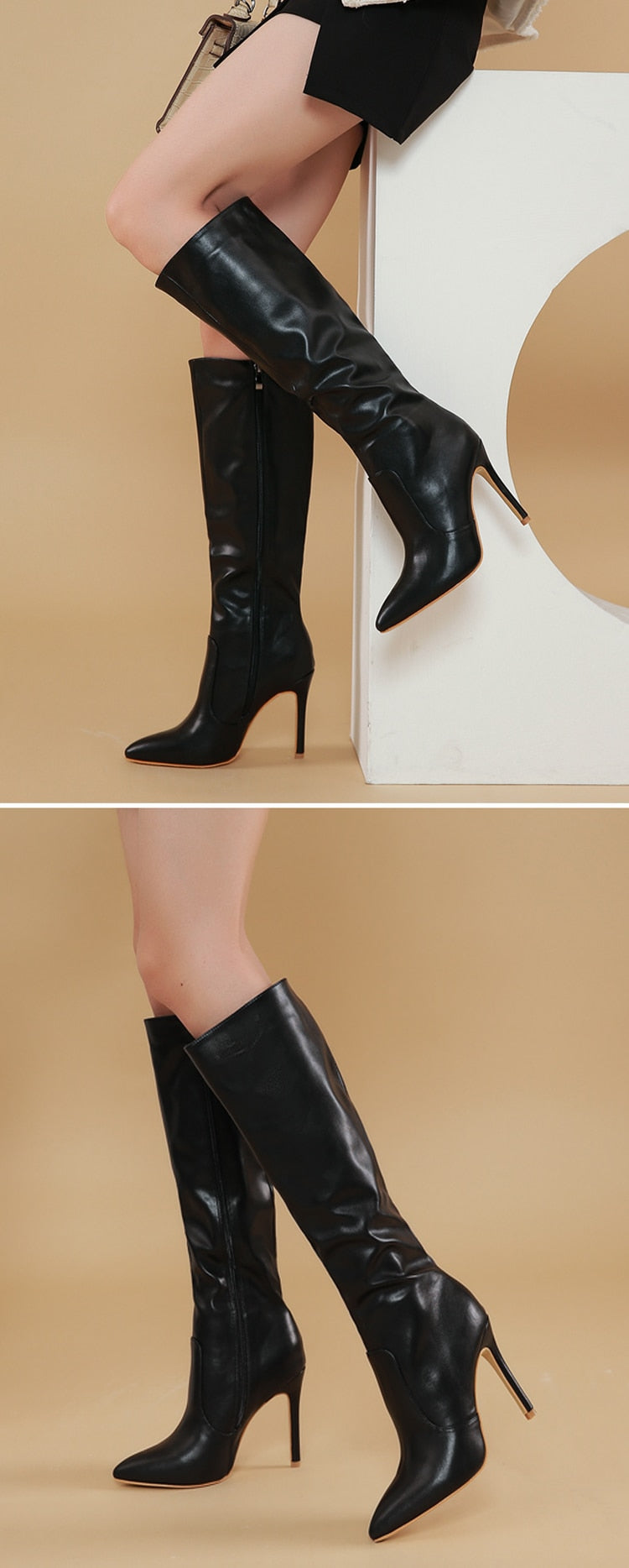 Women's Synthetic Leather Side Zipper Sexy Pointed Toe Knee High Boots