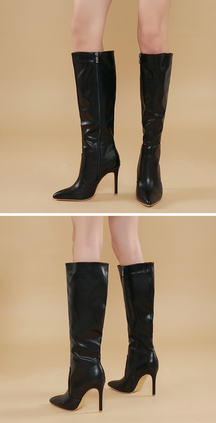 Women's Synthetic Leather Side Zipper Sexy Pointed Toe Knee High Boots