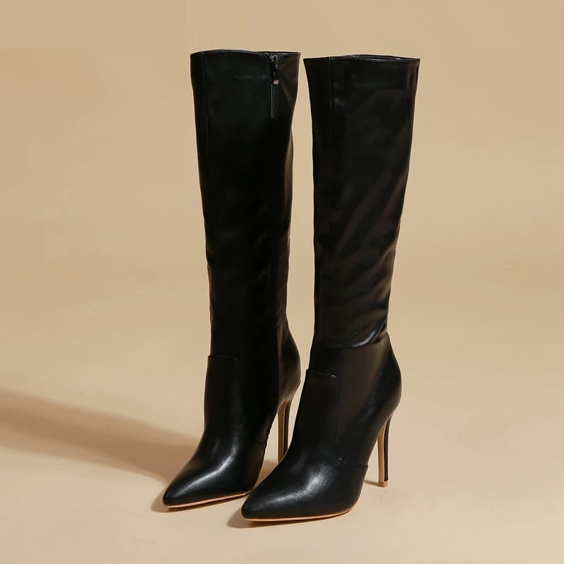 Women's Synthetic Leather Side Zipper Sexy Pointed Toe Knee High Boots