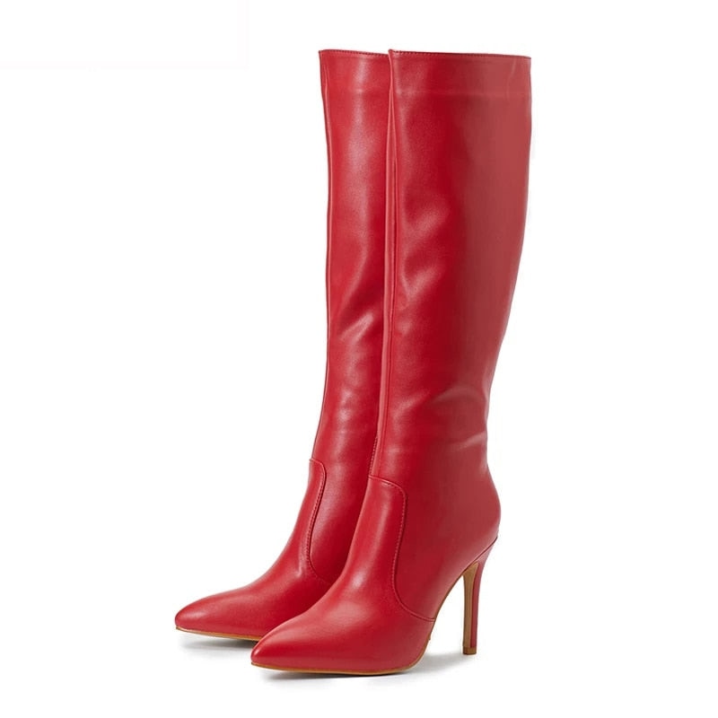 Women's Synthetic Leather Side Zipper Sexy Pointed Toe Knee High Boots