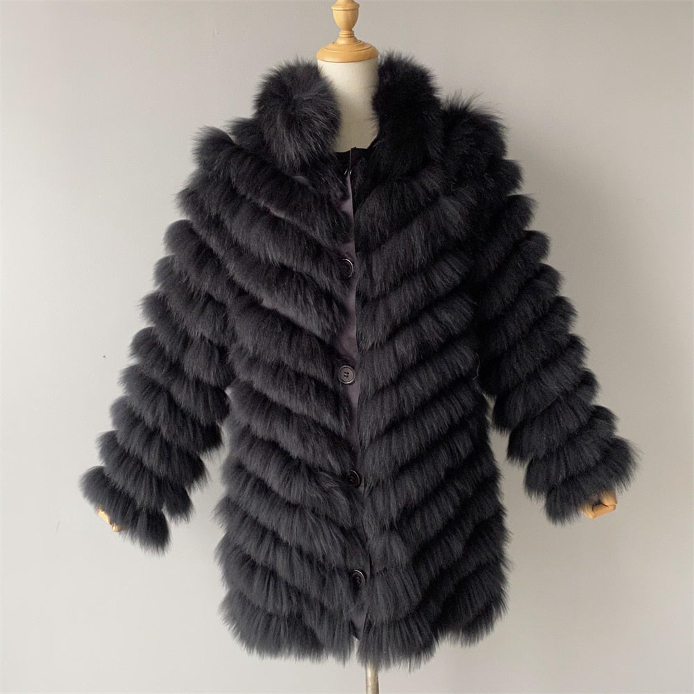 Women's Winter Warm Fluffy Real Fox Fur Silk Double-Sided Wear Long Jacket