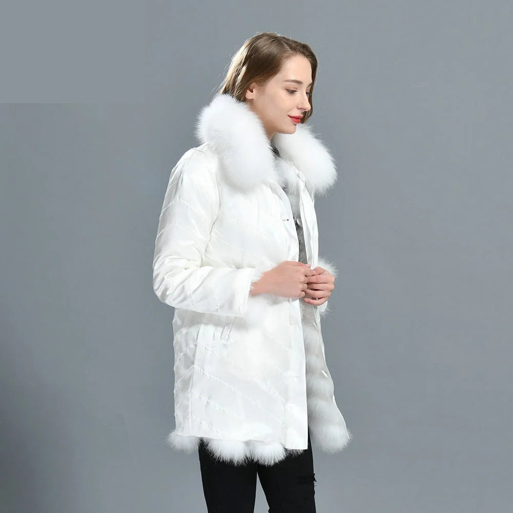 Women's Winter Warm Fluffy Real Fox Fur Silk Double-Sided Wear Long Jacket