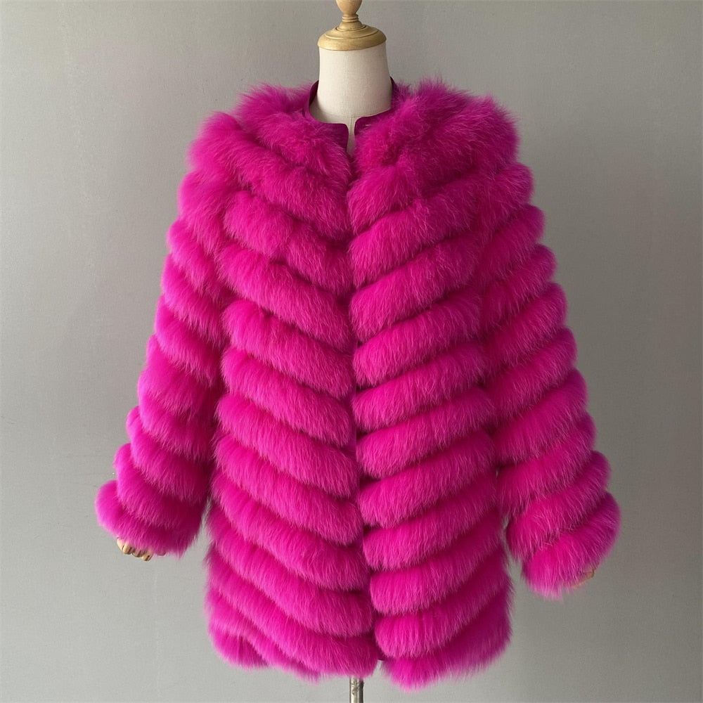 Women's Winter Warm Fluffy Real Fox Fur Silk Double-Sided Wear Long Jacket