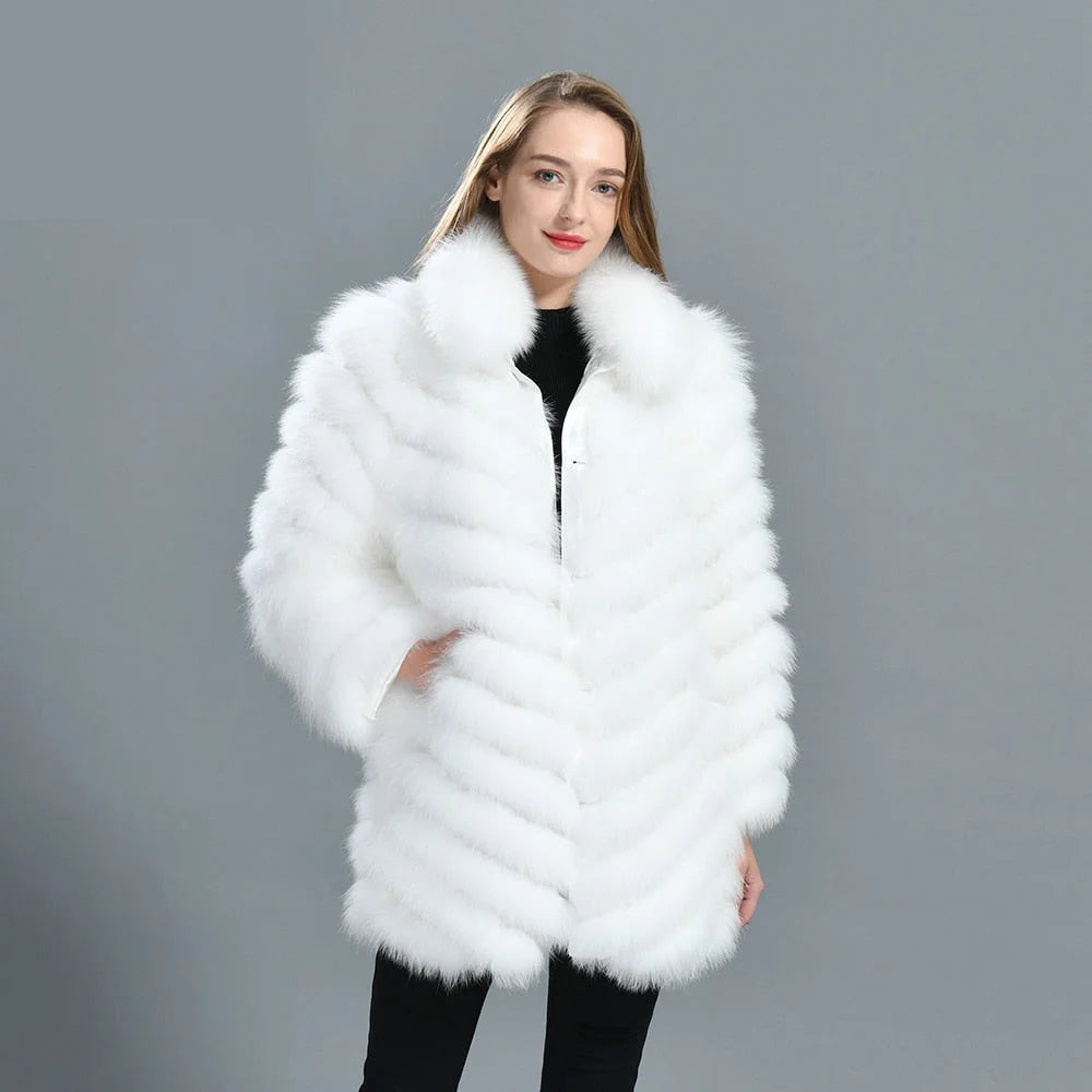 Women's Winter Warm Fluffy Real Fox Fur Silk Double-Sided Wear Long Jacket