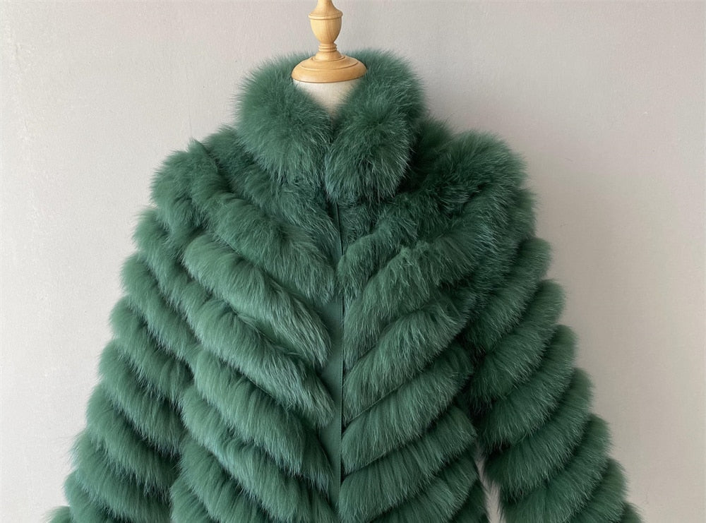 Women's Winter Warm Fluffy Real Fox Fur Silk Double-Sided Wear Long Jacket