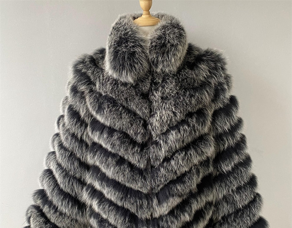 Women's Winter Warm Fluffy Real Fox Fur Silk Double-Sided Wear Long Jacket