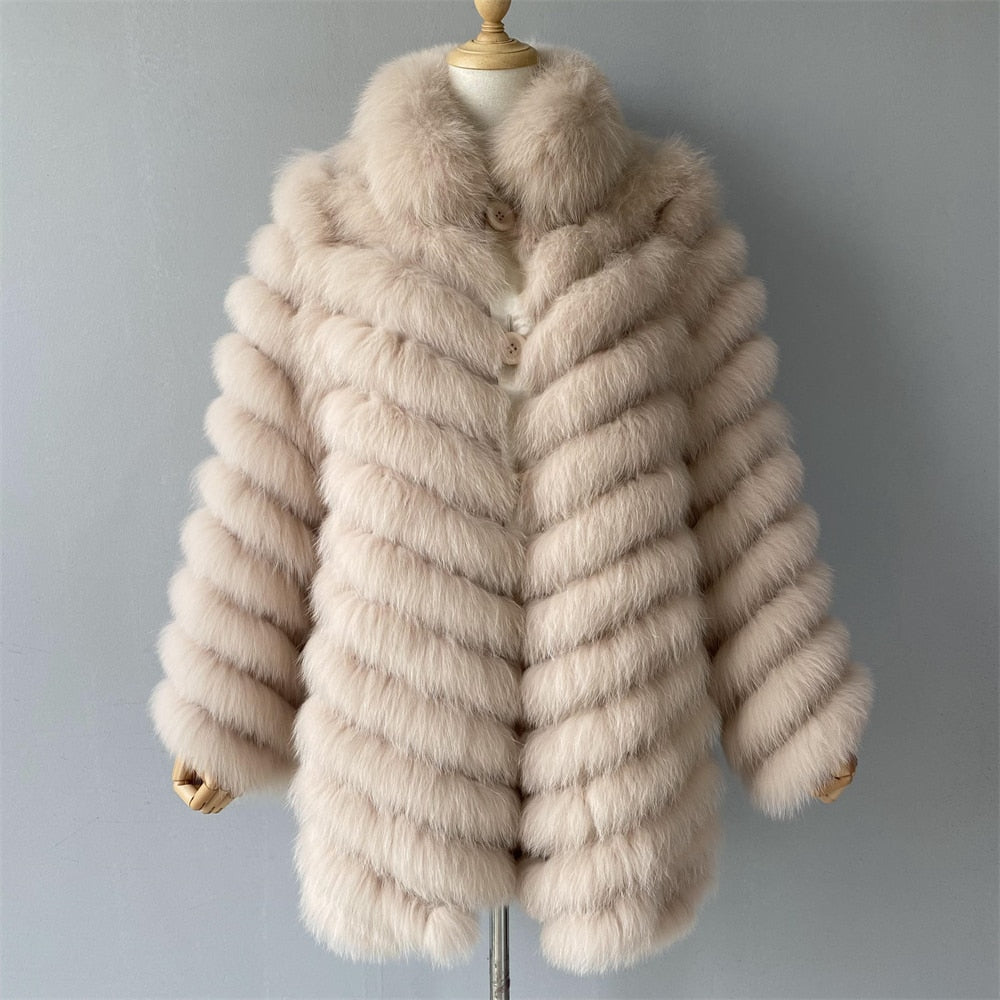 Women's Winter Warm Fluffy Real Fox Fur Silk Double-Sided Wear Long Jacket